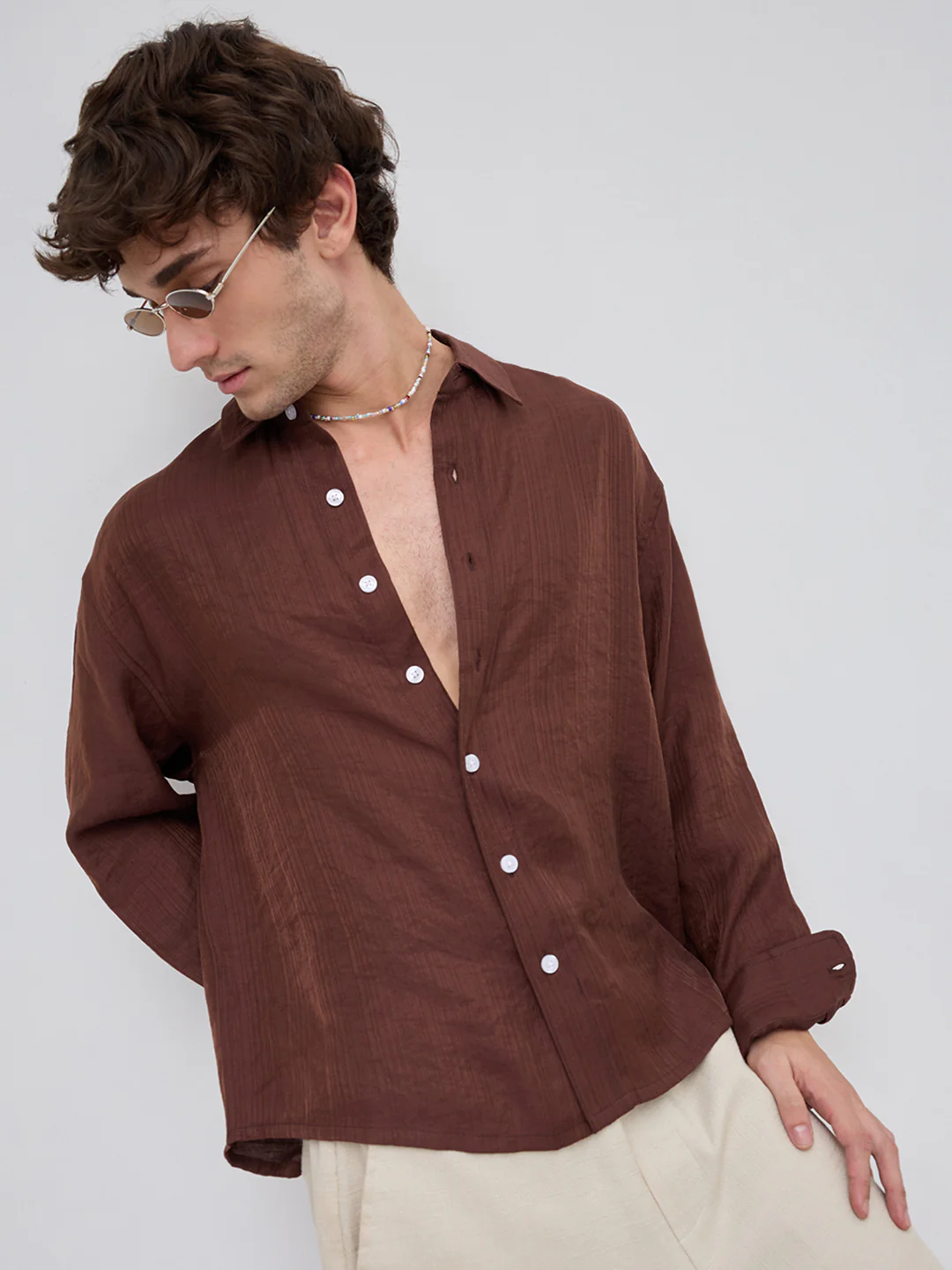 Lustre Brown Striped Boxy Fit Crop Shirt - Image 6