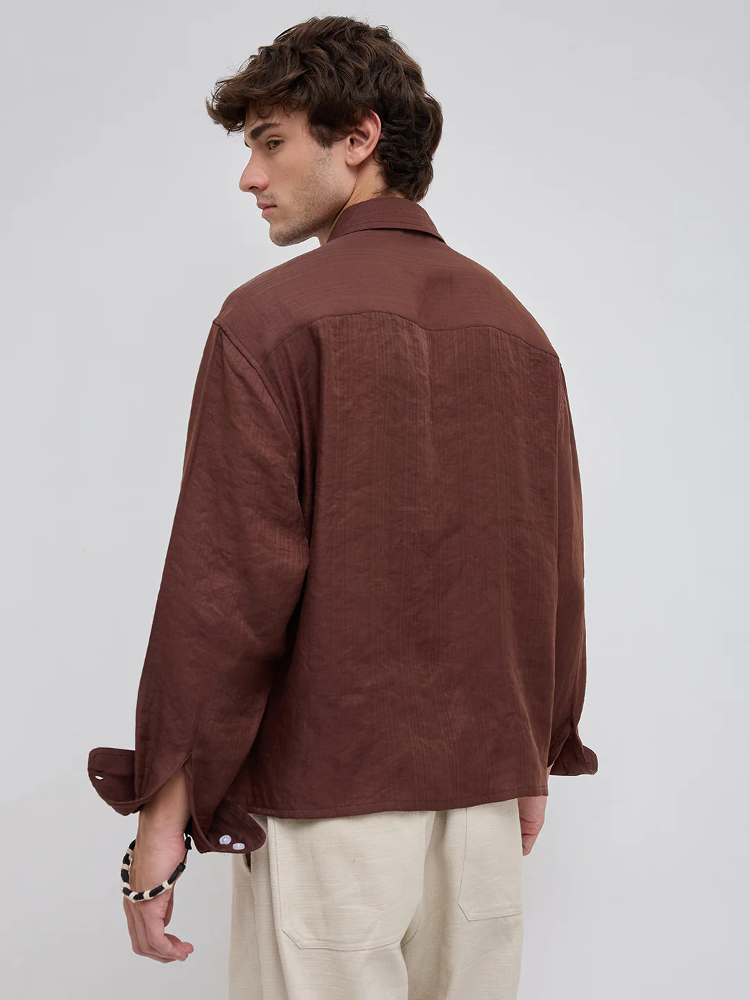 Lustre Brown Striped Boxy Fit Crop Shirt - Image 7