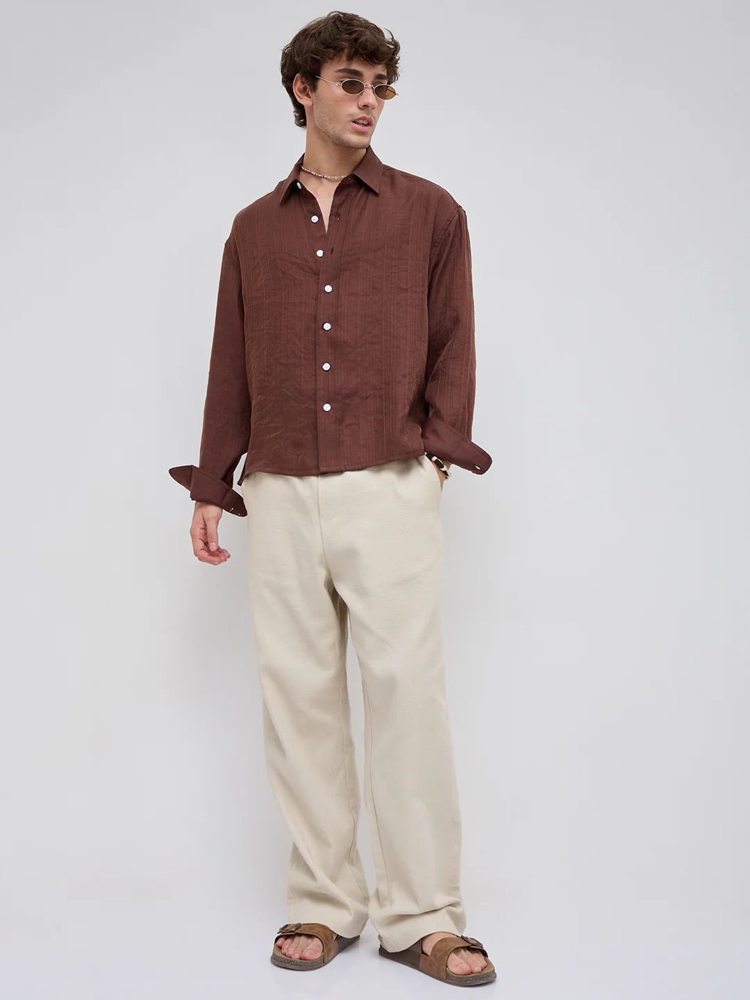 Lustre Brown Striped Boxy Fit Crop Shirt - Image 8