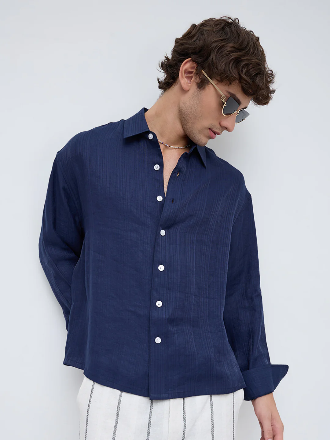 Lustre Navy Striped Weave Boxy Fit Crop Shirt - Image 2