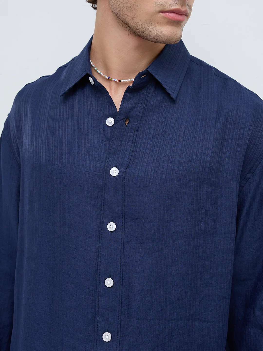Lustre Navy Striped Weave Boxy Fit Crop Shirt - Image 3