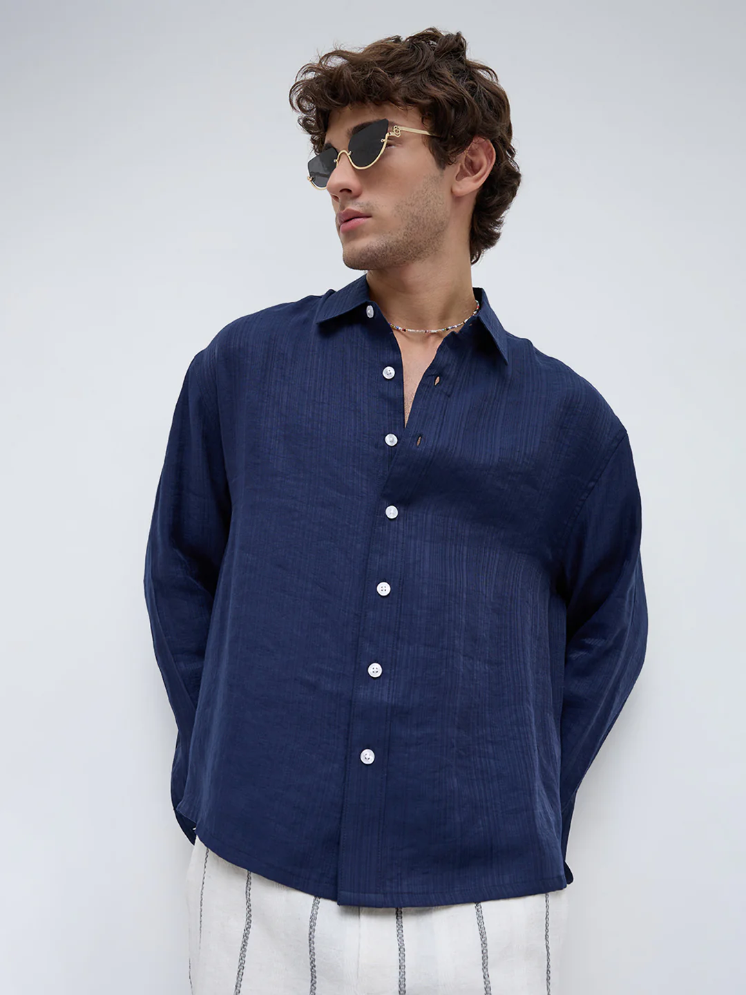 Lustre Navy Striped Weave Boxy Fit Crop Shirt - Image 4