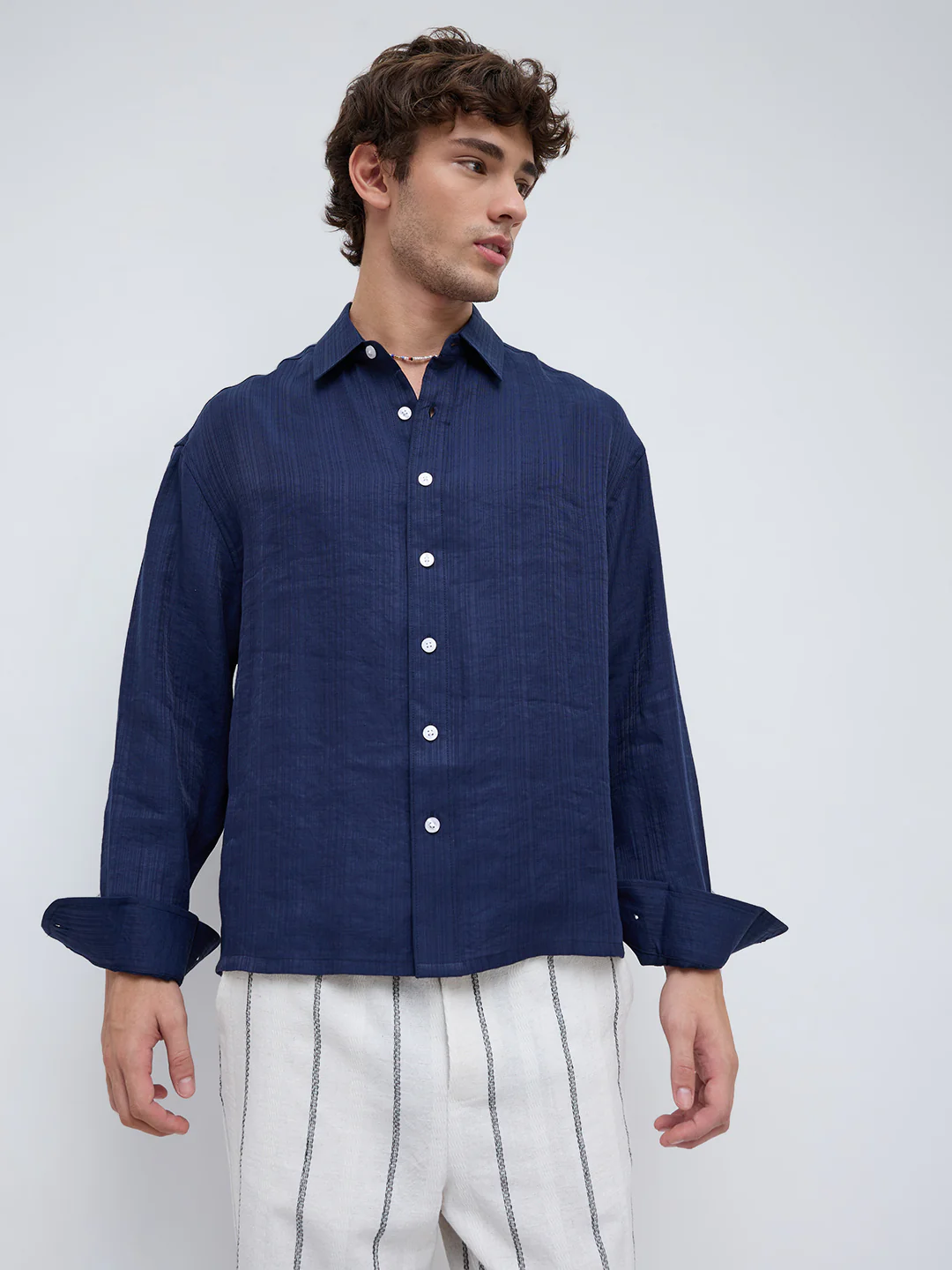 Lustre Navy Striped Weave Boxy Fit Crop Shirt - Image 5
