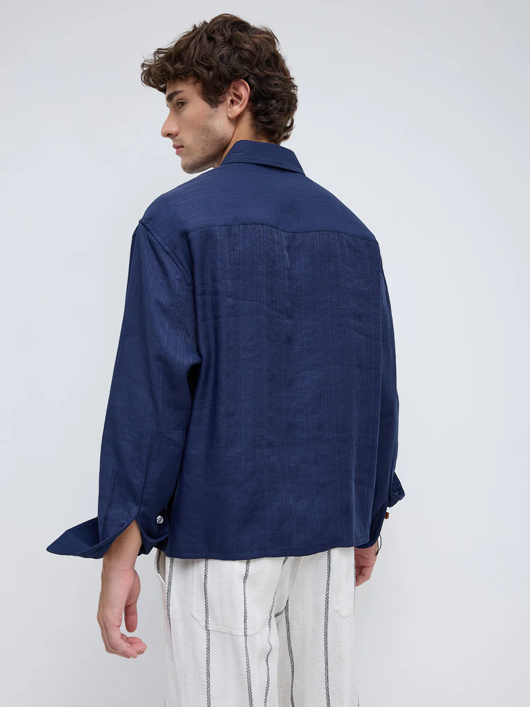 Lustre Navy Striped Weave Boxy Fit Crop Shirt - Image 7