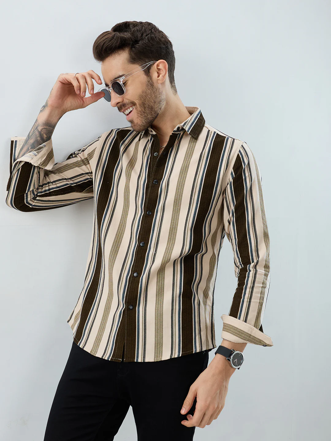 Luxe Brown & Beige Herringbone Striped Corduroy Shirt