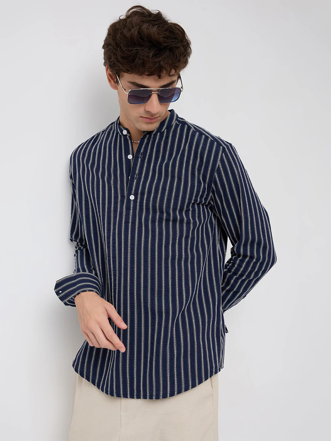 Luxe Coastal Navy Motif Seersucker Embroidered Striped Kurta - Image 2