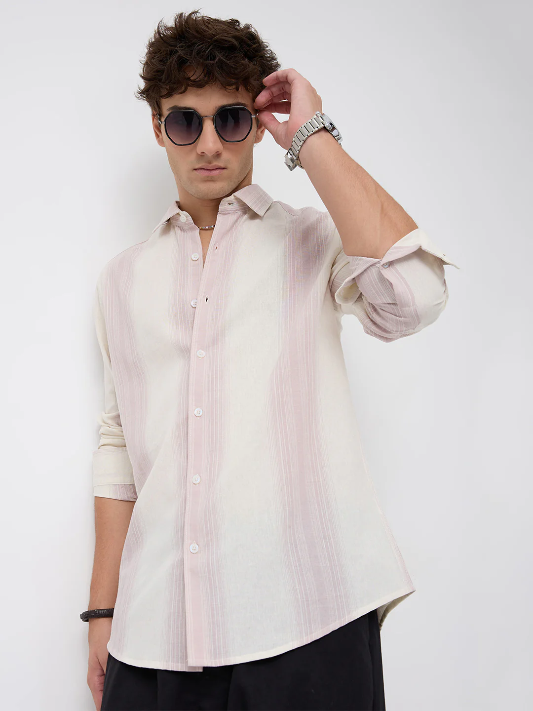 Luxe Misty Pink Refined Striped Linen Blend Shirt - Image 2