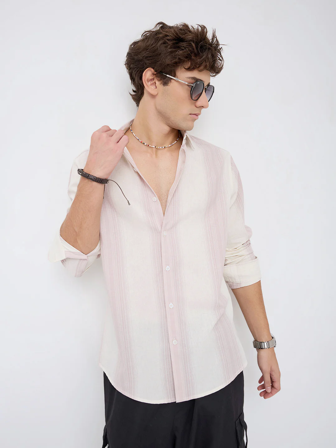 Luxe Misty Pink Refined Striped Linen Blend Shirt - Image 4