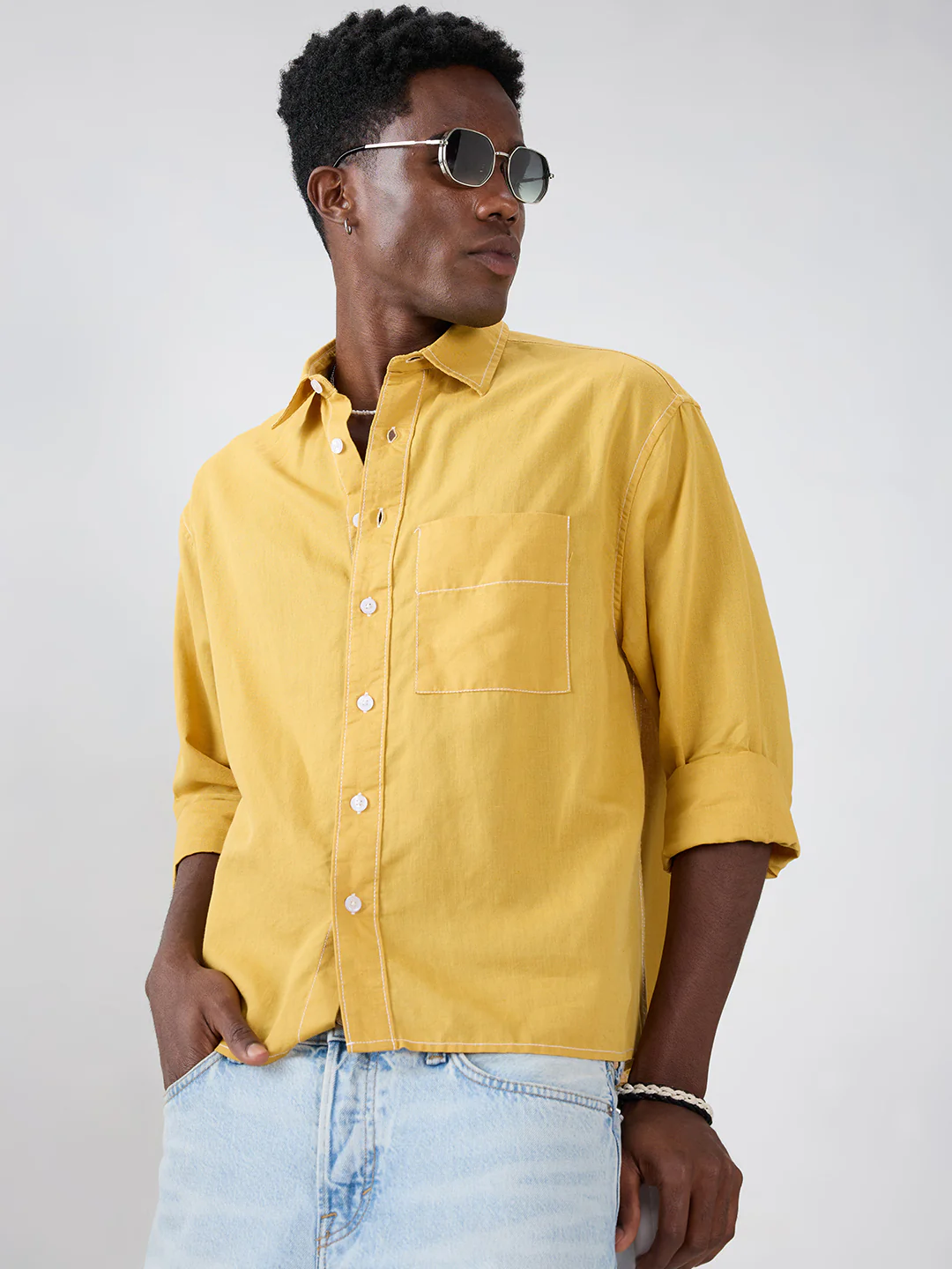 Luxe Mustard Contrast Stitch Linen Blend Boxy Fit Crop Shirt