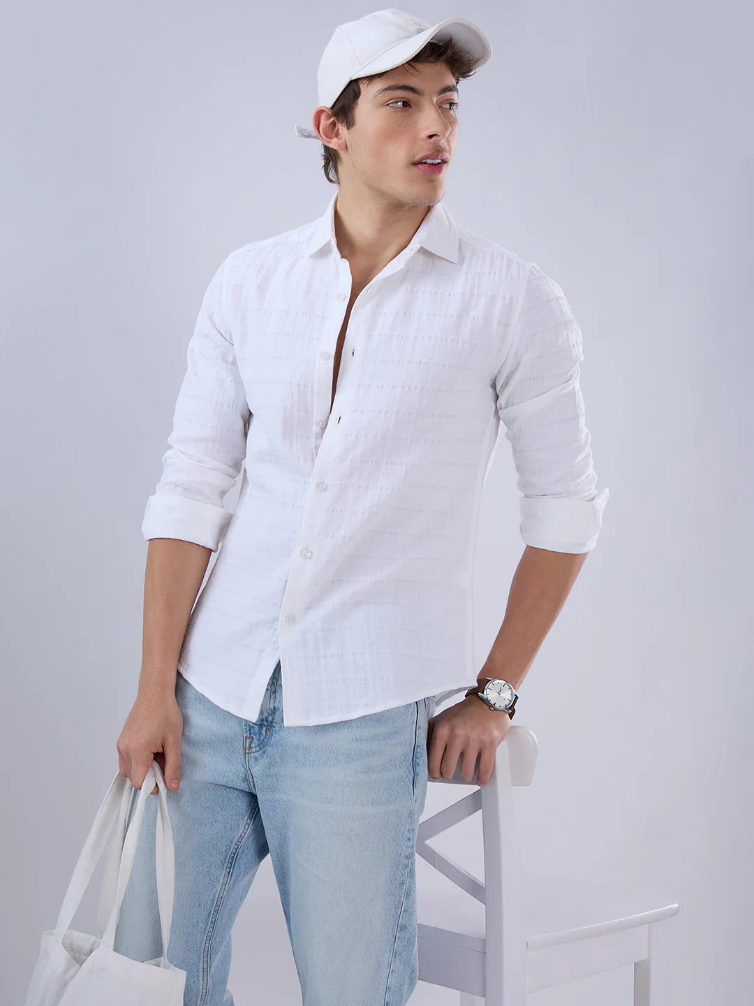Luxe Pearl White Double Coth Seersucker Checked Shirt