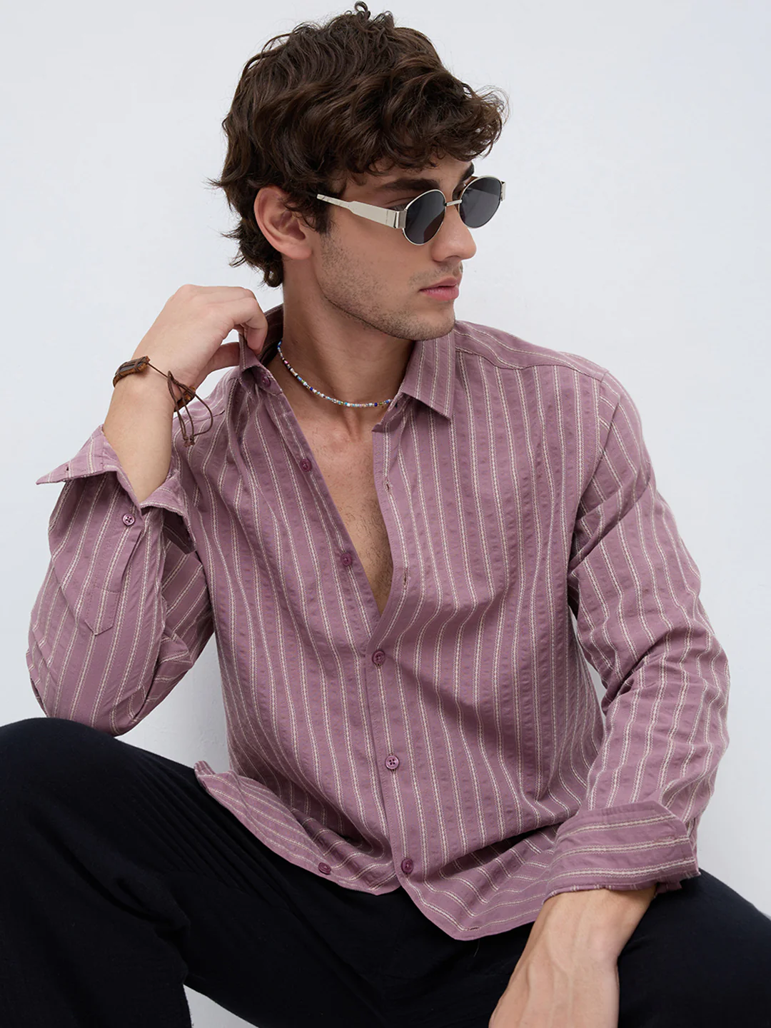 Luxe Raspberry Seersucker Glace Motif Contrast Embroidered Shirt - Image 2