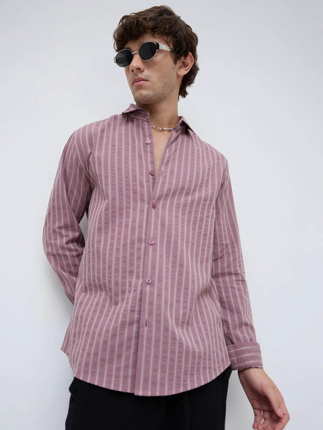Luxe Raspberry Seersucker Glace Motif Contrast Embroidered Shirt - Image 4