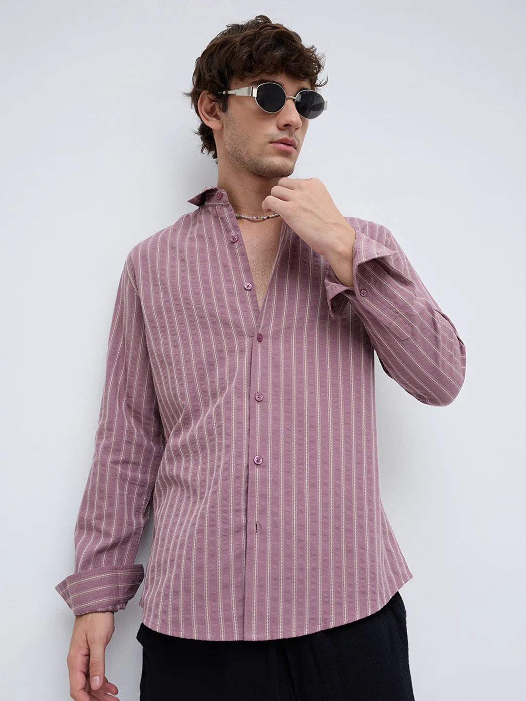 Luxe Raspberry Seersucker Glace Motif Contrast Embroidered Shirt - Image 5