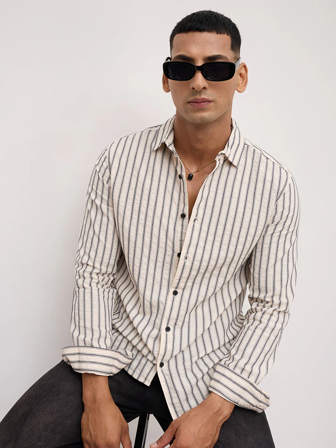 Luxe  Off White & Navy Seersucker Embroidered Striped Shirt