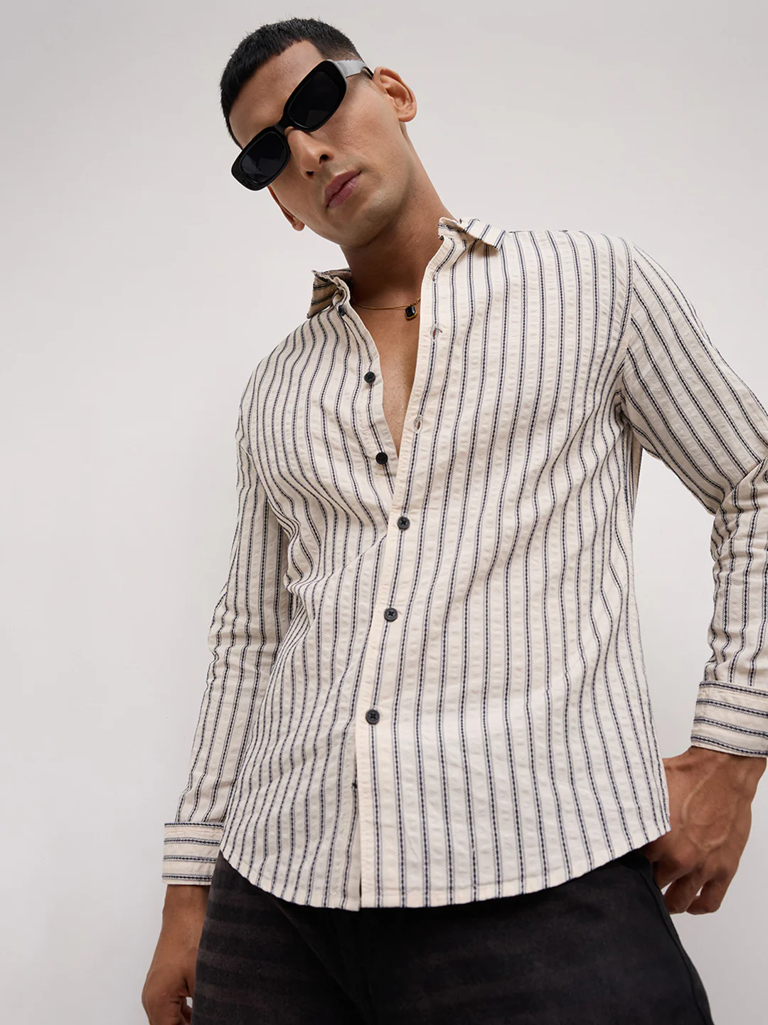 Luxe  Off White & Navy Seersucker Embroidered Striped Shirt - Image 5