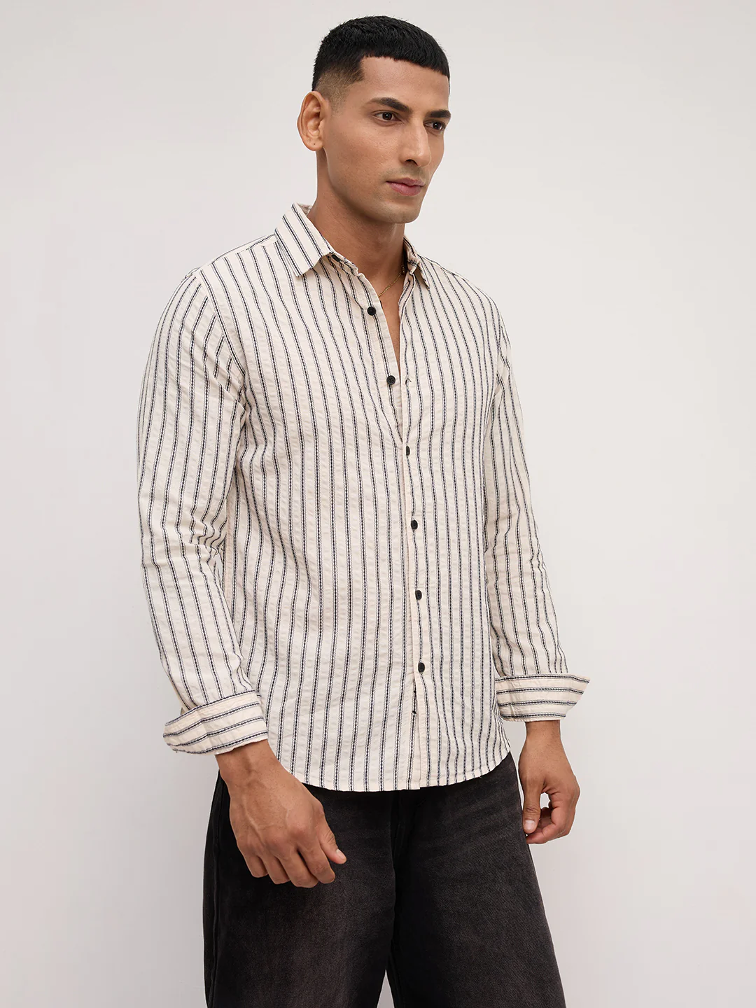 Luxe  Off White & Navy Seersucker Embroidered Striped Shirt - Image 6