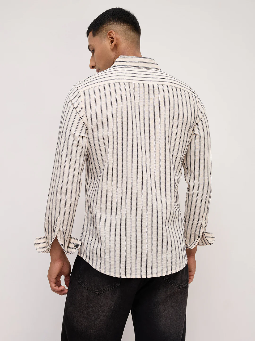 Luxe  Off White & Navy Seersucker Embroidered Striped Shirt - Image 7