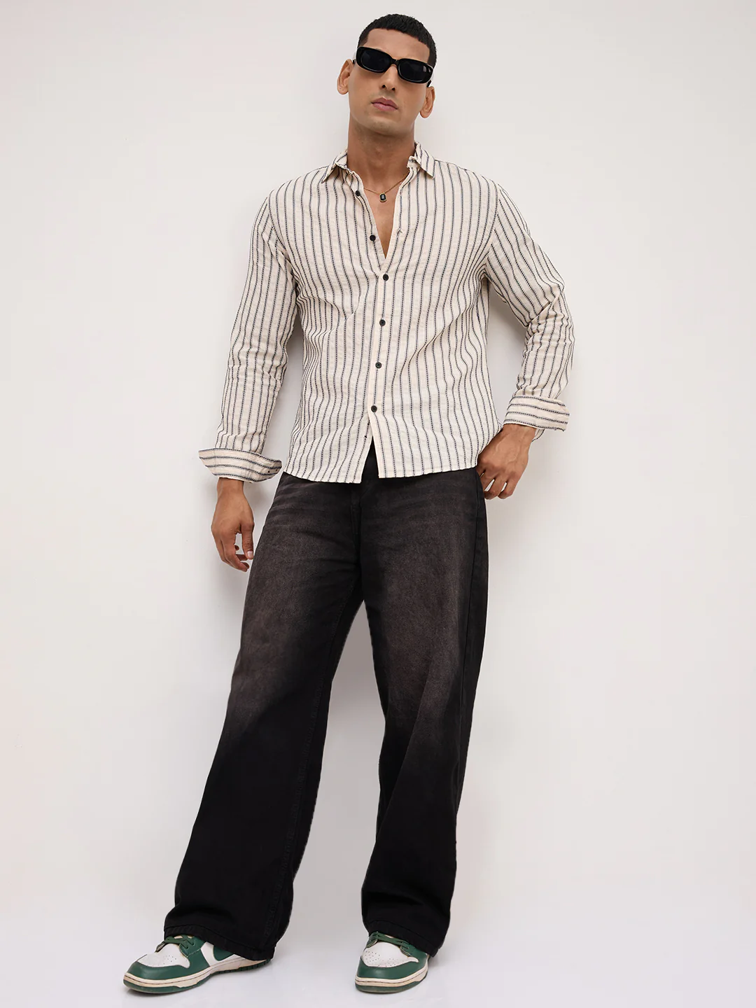 Luxe  Off White & Navy Seersucker Embroidered Striped Shirt - Image 8