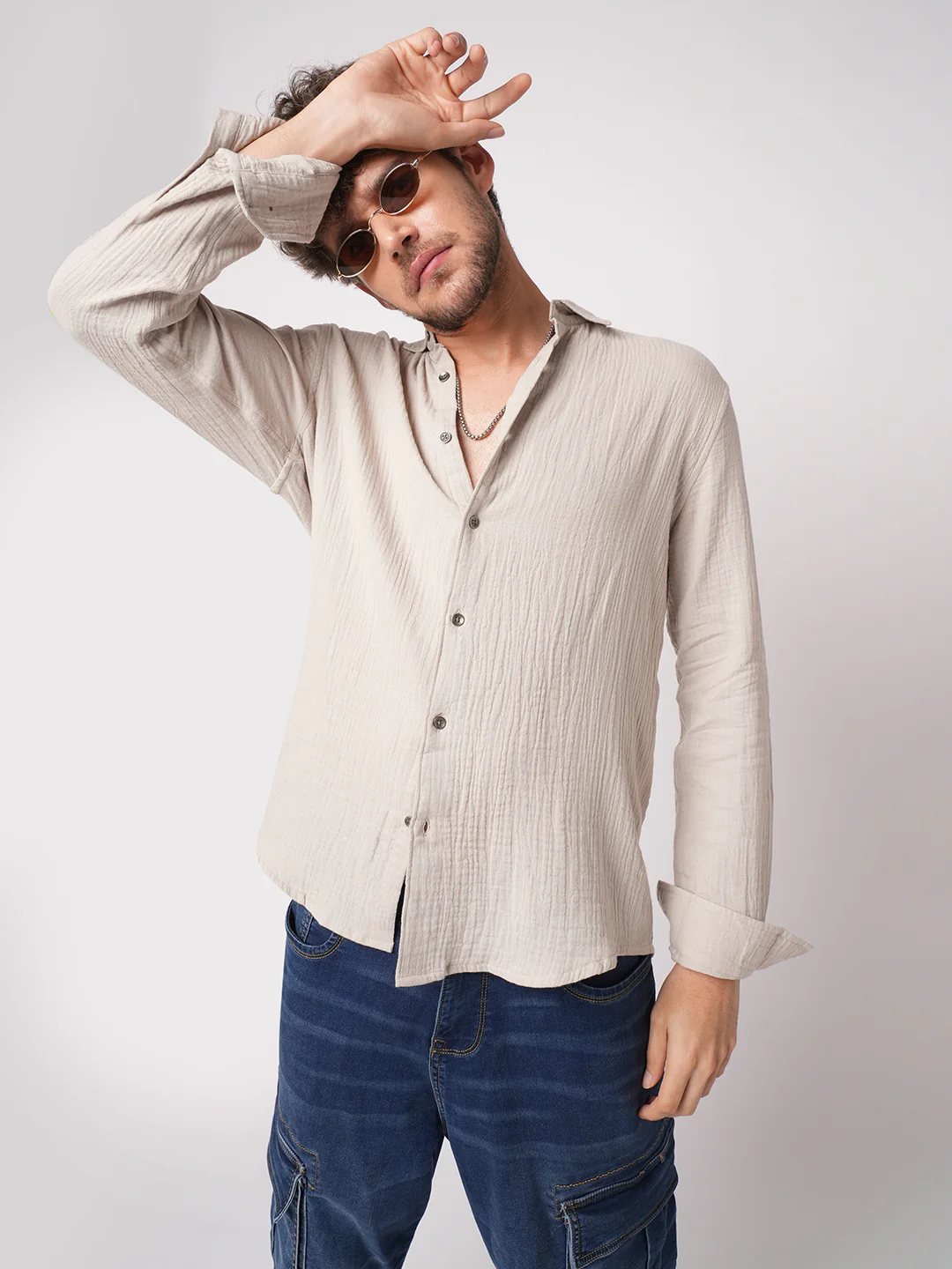 Malibu Beige Double Cloth Crinkled Shirt - Image 2