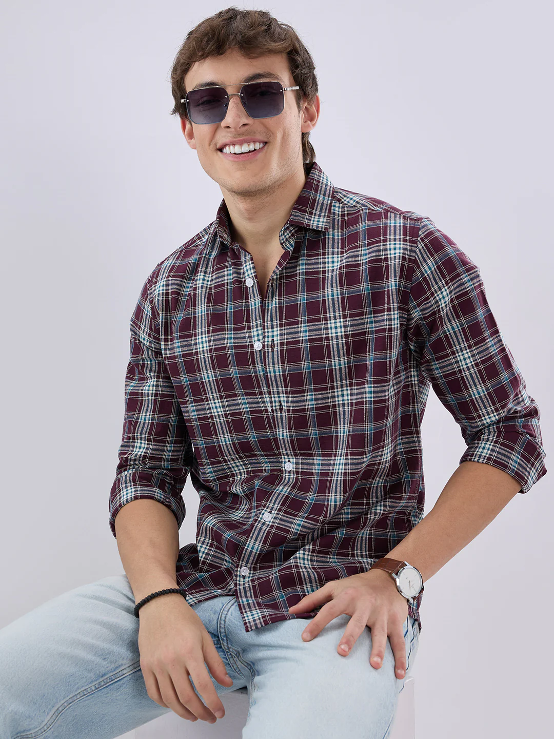 Maroon & Blue Tartan Checked Shirt - Image 2