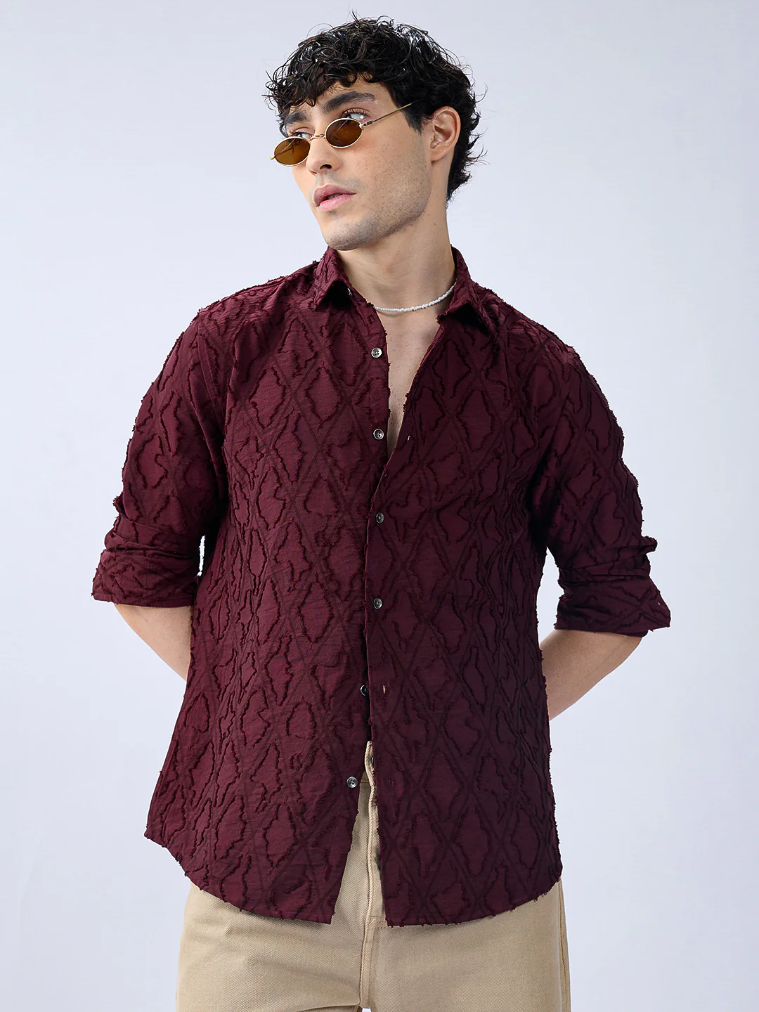 Maroon Mirage Lozenge Sculpted Frayed Shirt - Image 2