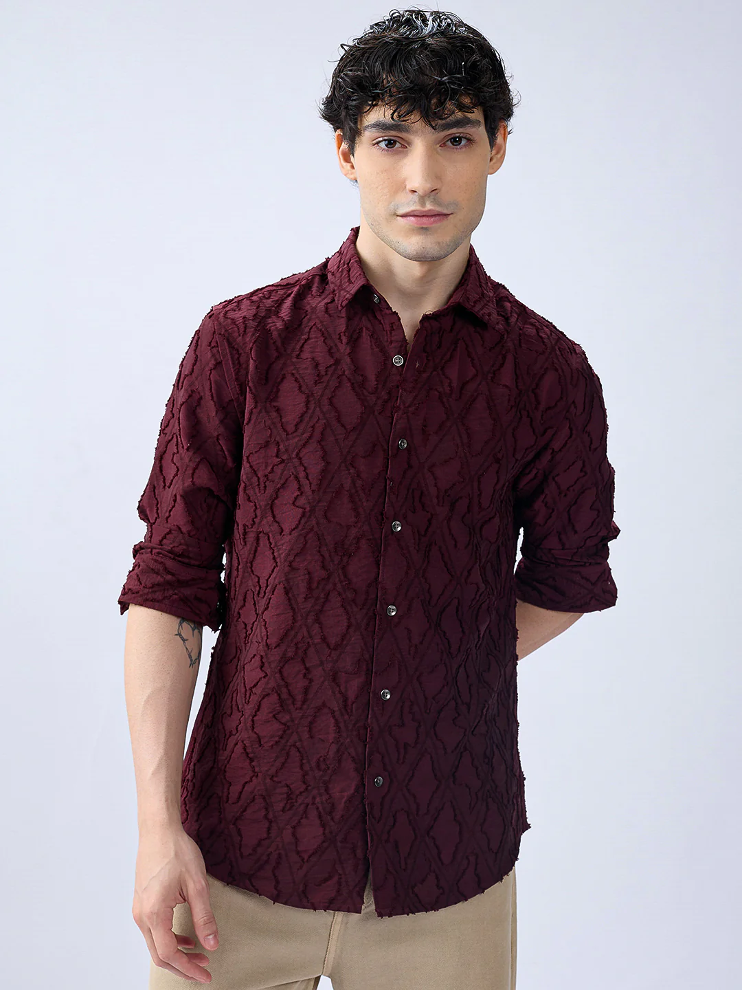 Maroon Mirage Lozenge Sculpted Frayed Shirt - Image 4