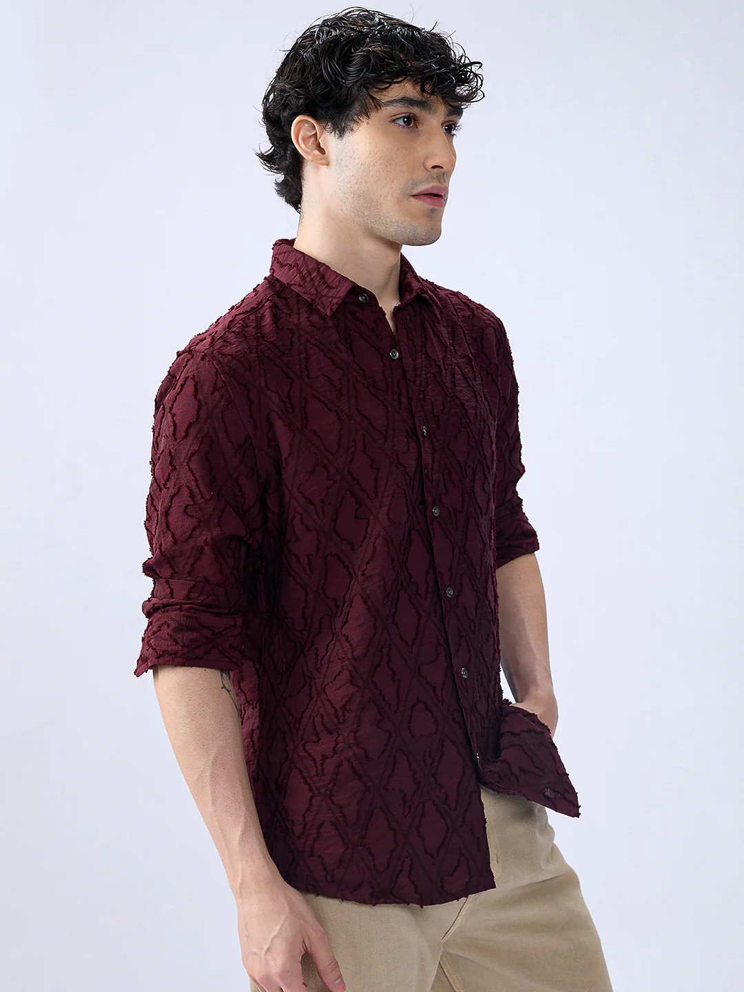 Maroon Mirage Lozenge Sculpted Frayed Shirt - Image 5