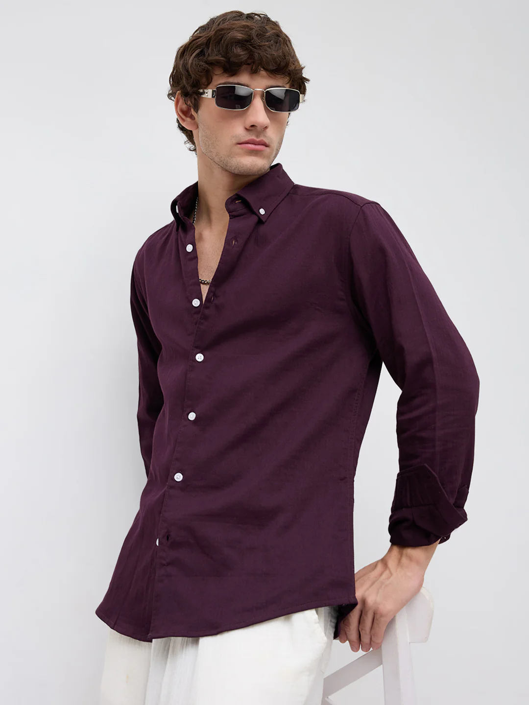 Matte Purple Herringbone Button-Down Collar Business Shirt - Image 5