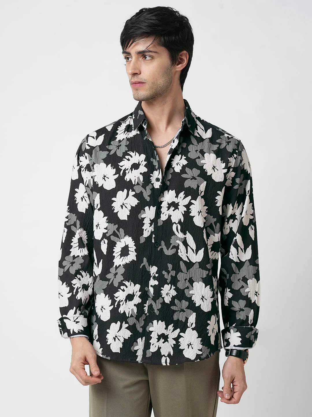 Midnight Black Floral Printed Creased Shirt - Image 4