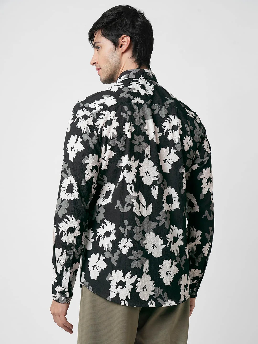 Midnight Black Floral Printed Creased Shirt - Image 6