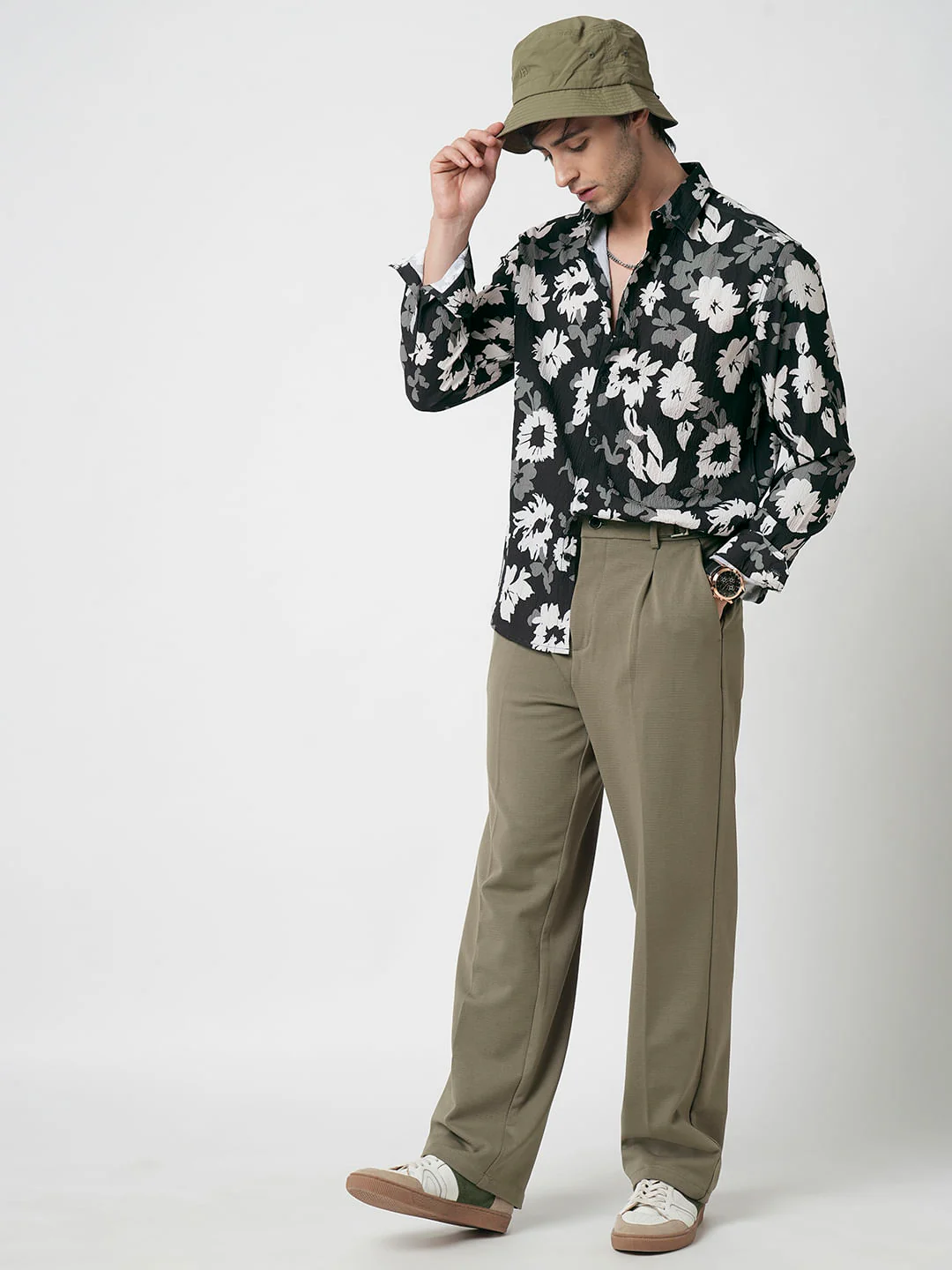 Midnight Black Floral Printed Creased Shirt - Image 7