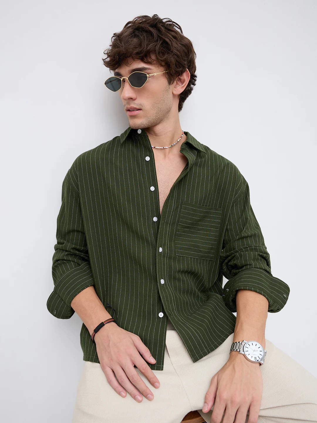 Midnight Emerald Stripe Edition Boxy Fit Crop Shirt
