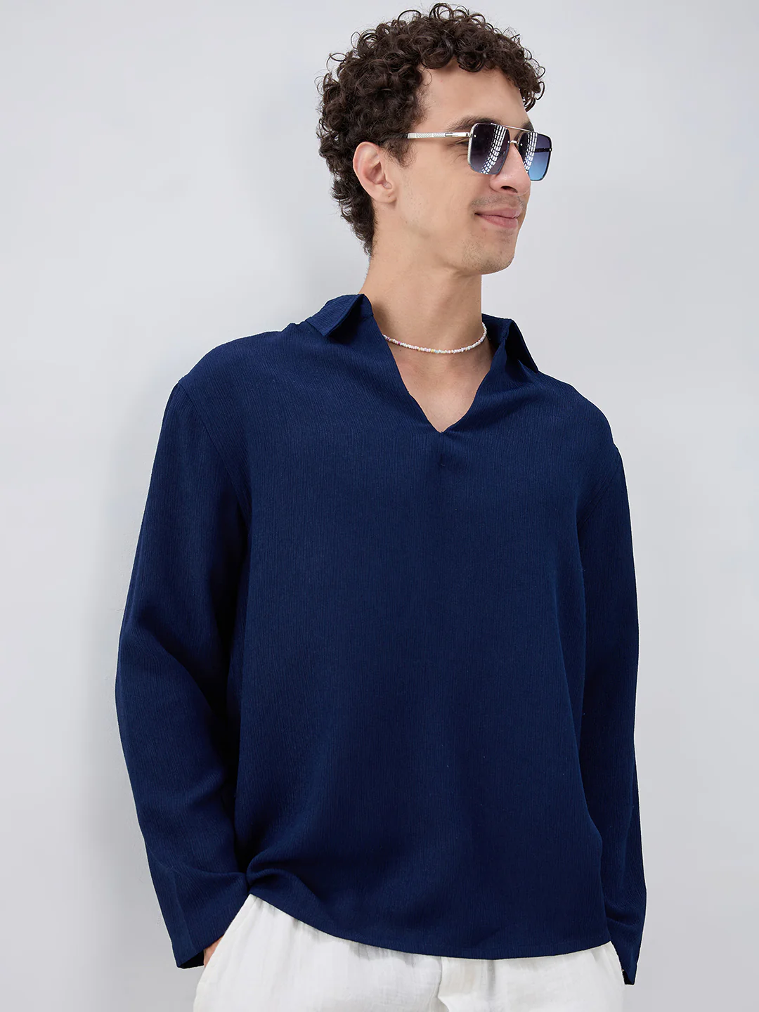 Midnight Navy Crepe Oversized Polo Shirt - Image 4