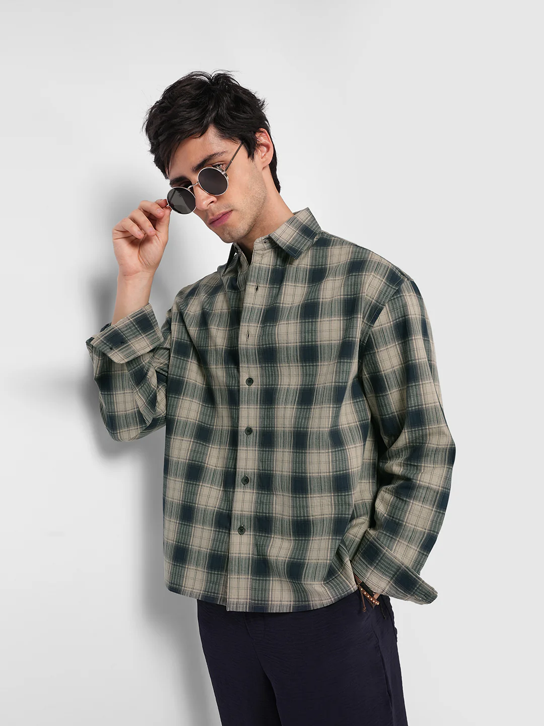 Midnight Navy & Sand Mist Textured Checks Boxy Fit Crop Shirt - Image 2