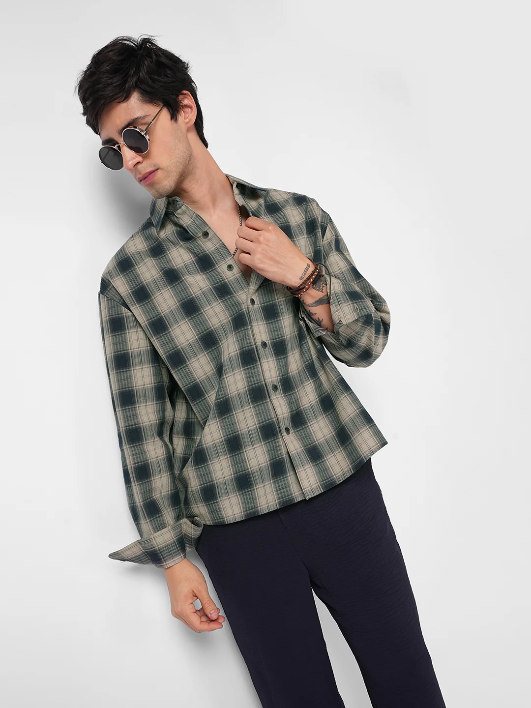 Midnight Navy & Sand Mist Textured Checks Boxy Fit Crop Shirt - Image 4