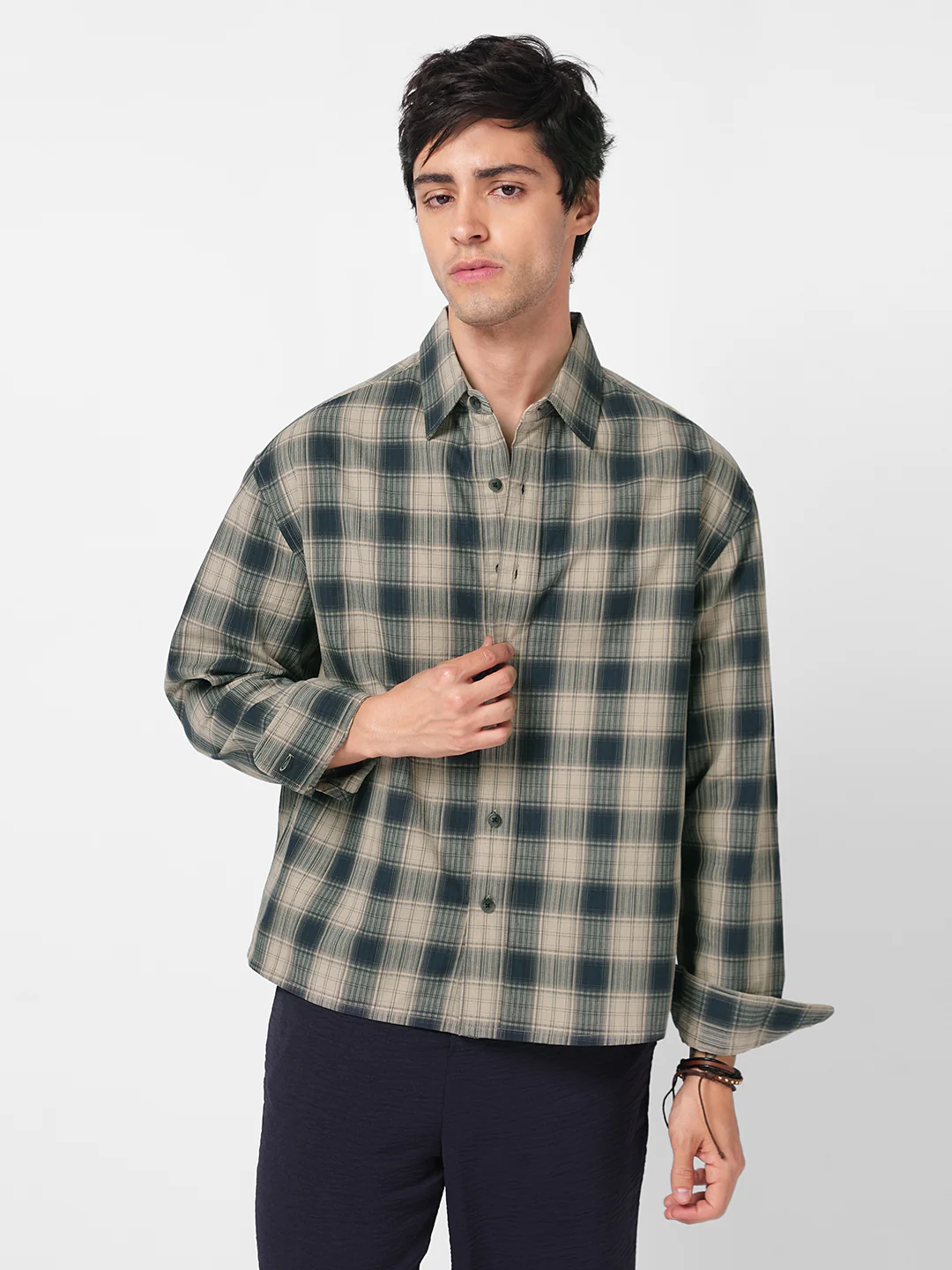 Midnight Navy & Sand Mist Textured Checks Boxy Fit Crop Shirt - Image 5