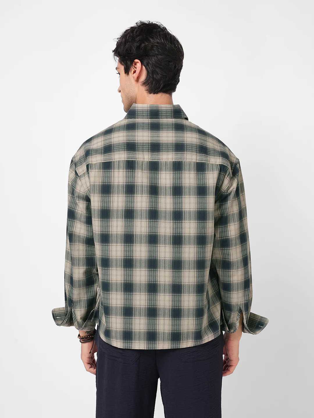Midnight Navy & Sand Mist Textured Checks Boxy Fit Crop Shirt - Image 7
