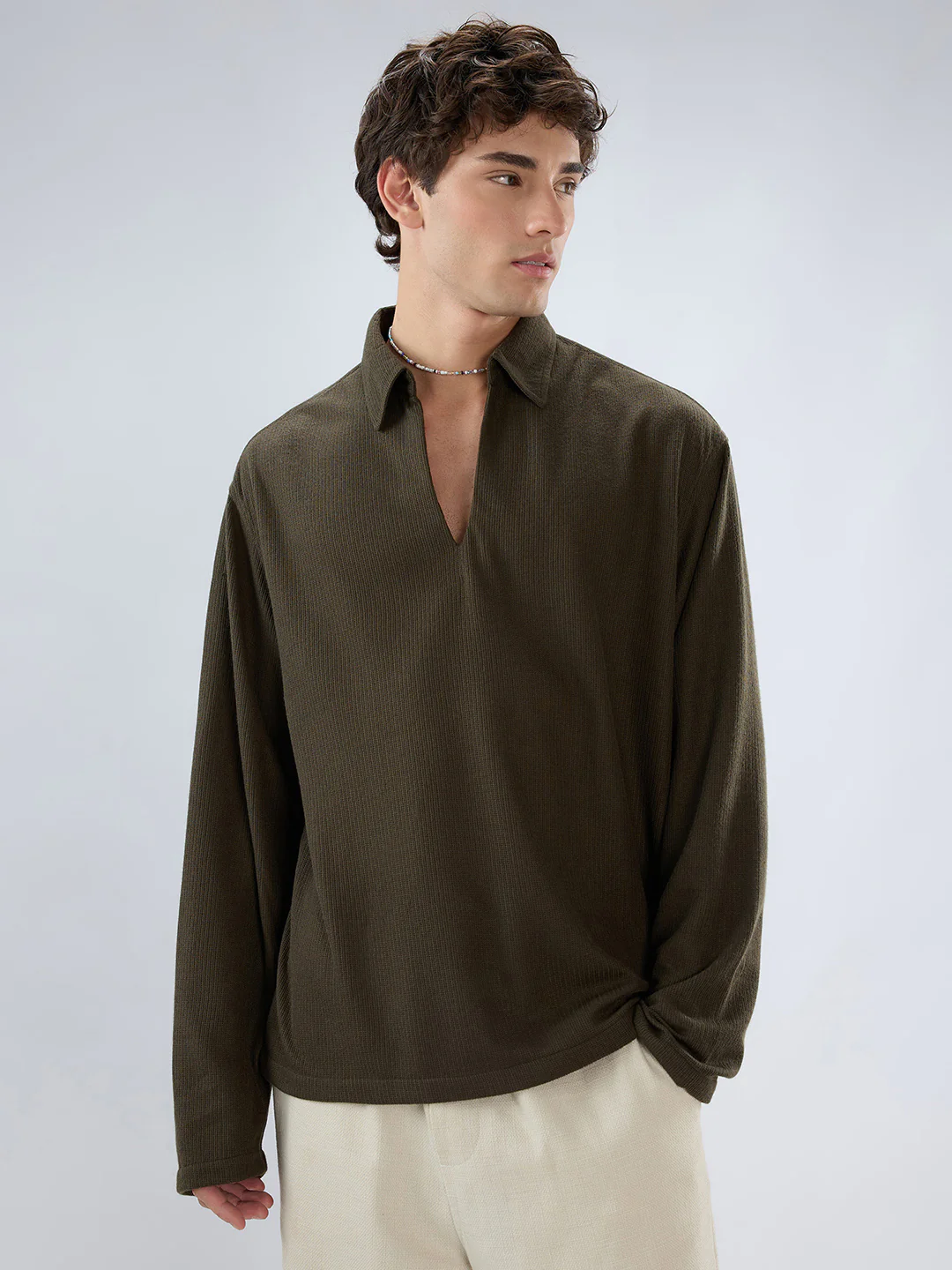 Mignonette Green Micro Weave Knitted Oversized Polo Shirt - Image 5