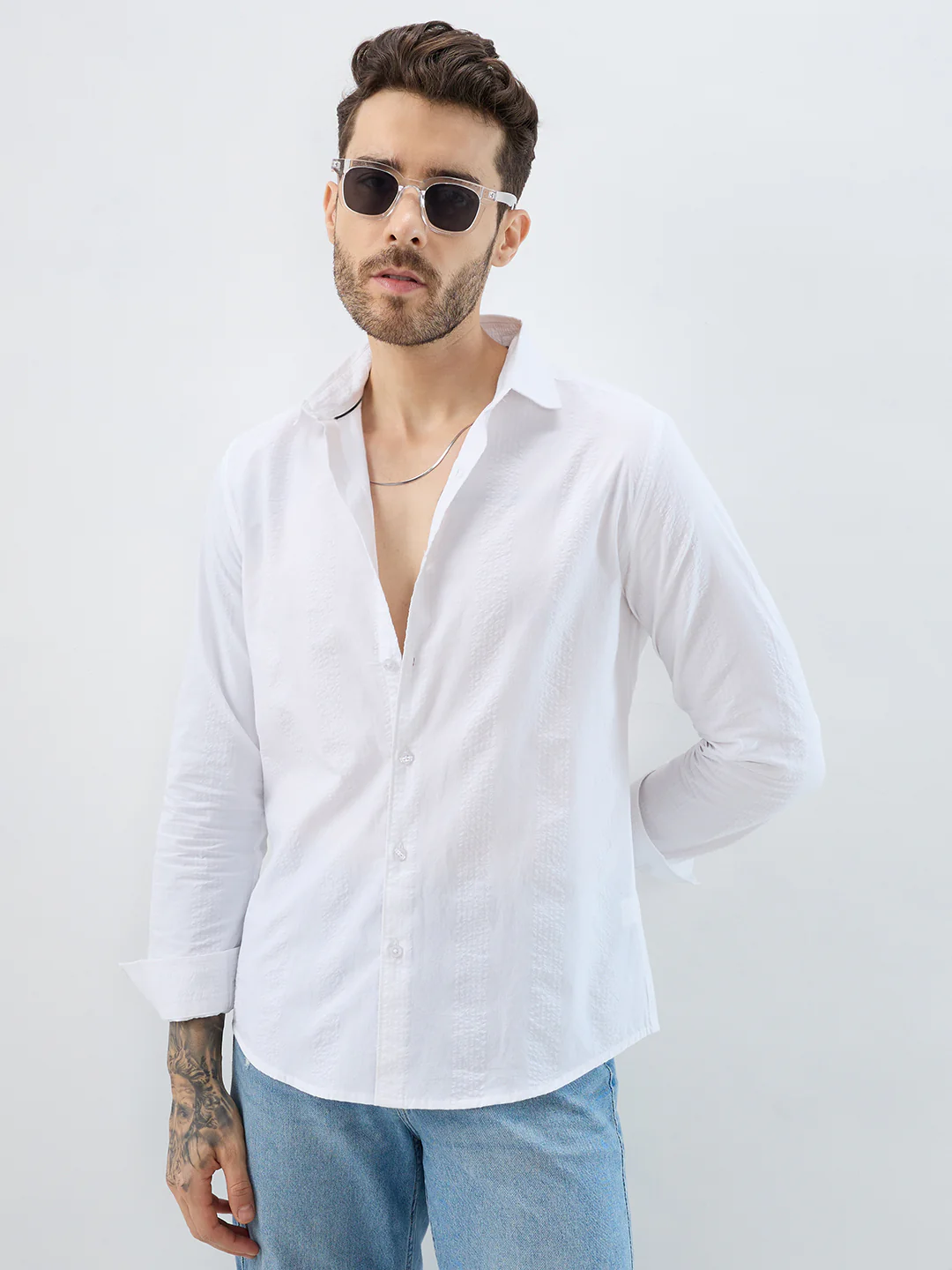 Minimalist Pure White Fine Line Seersucker Stripe Shirt - Image 2