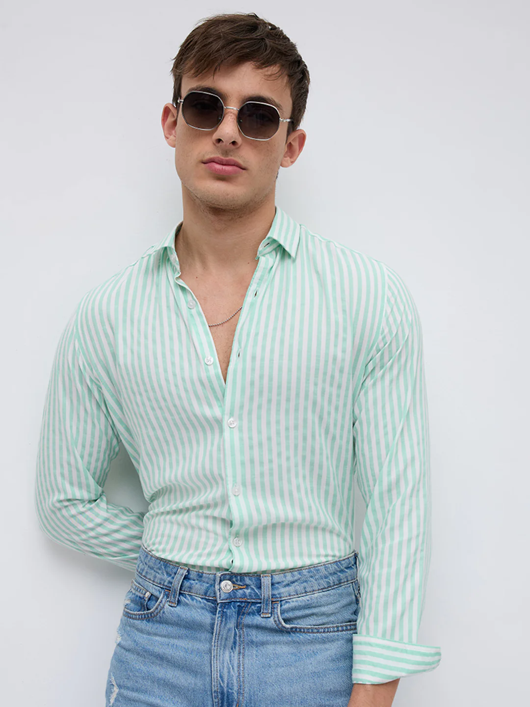 Mint Breeze Candy Striped Vacation Shirt
