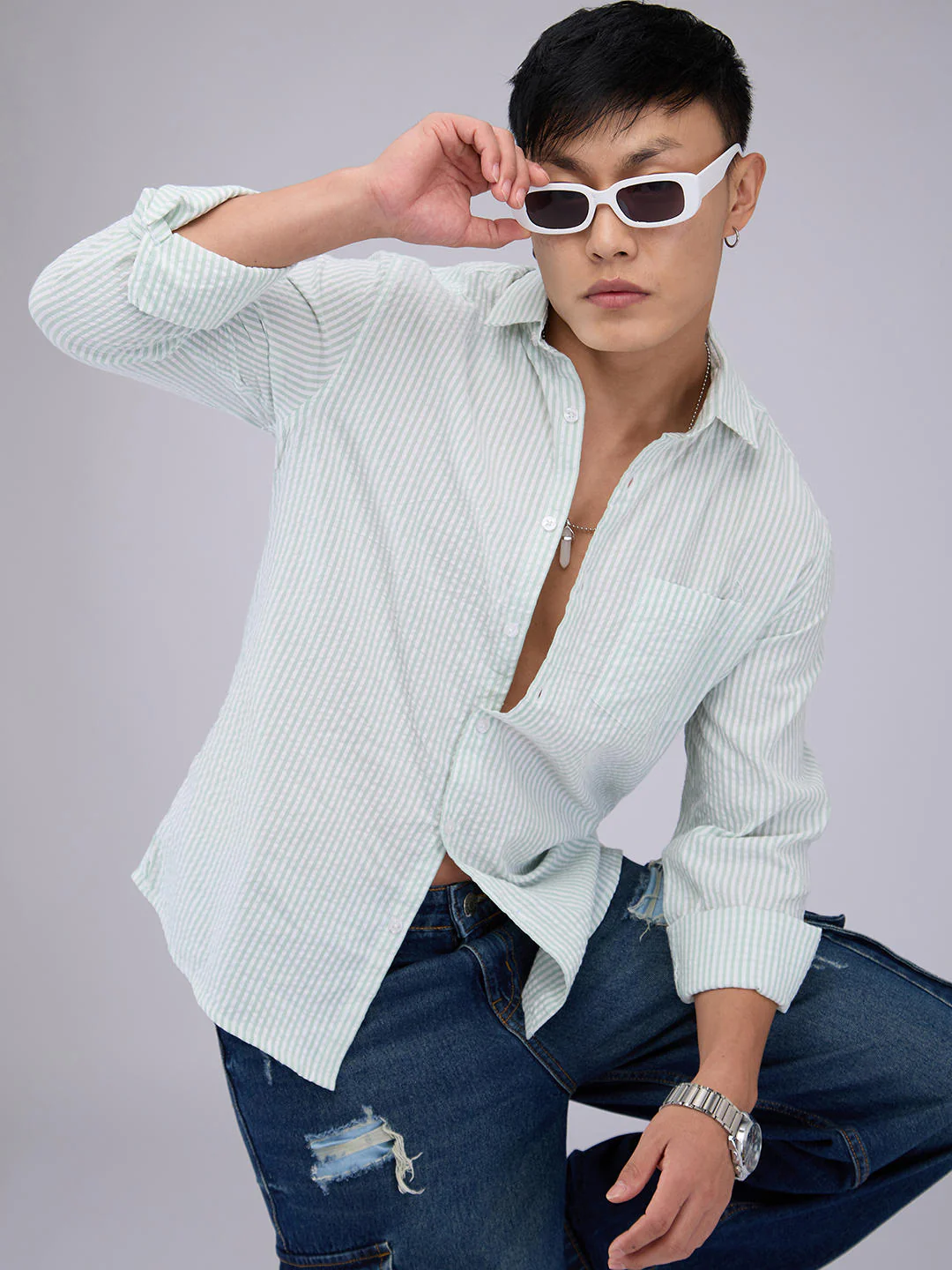 Mint Green Seersucker Striped Shirt