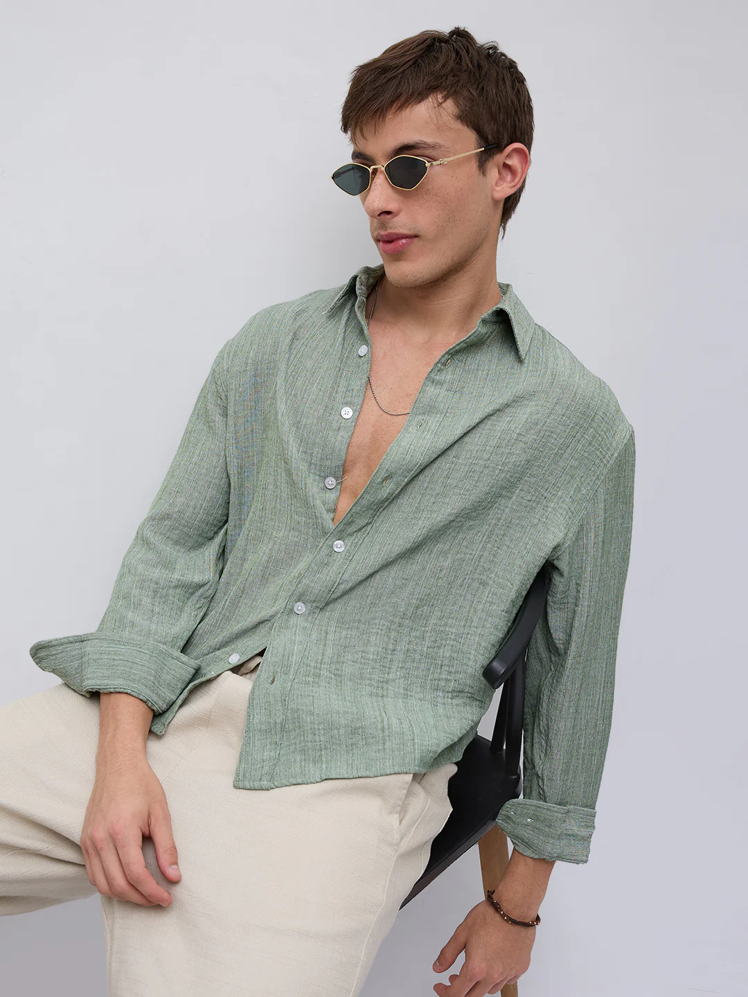 Mint Green Textured Boxy Fit Crop Shirt - Image 2