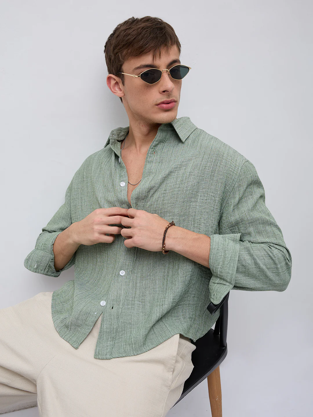 Mint Green Textured Boxy Fit Crop Shirt - Image 4