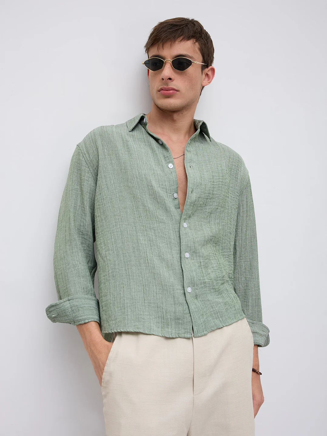Mint Green Textured Boxy Fit Crop Shirt - Image 5