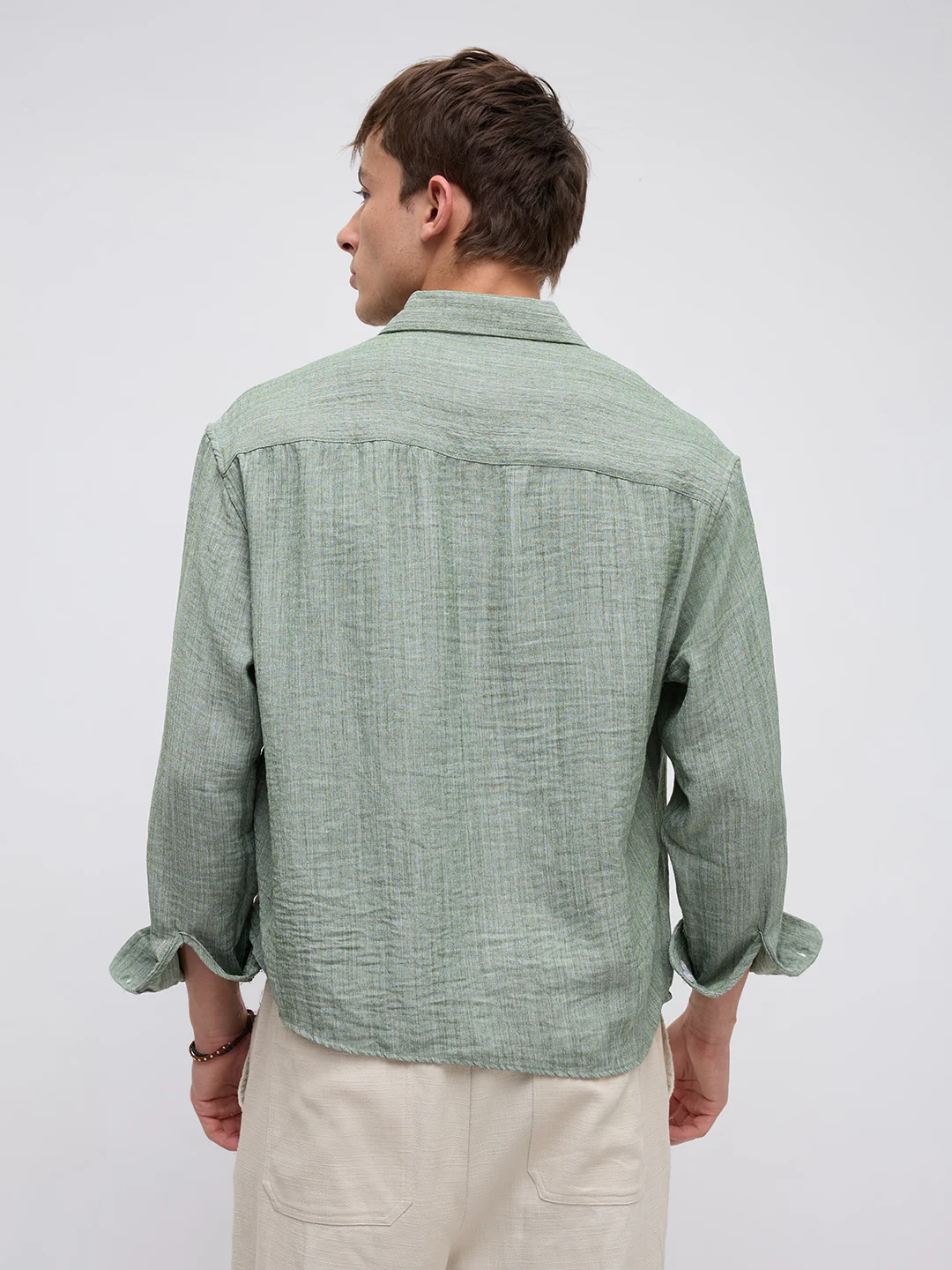 Mint Green Textured Boxy Fit Crop Shirt - Image 7