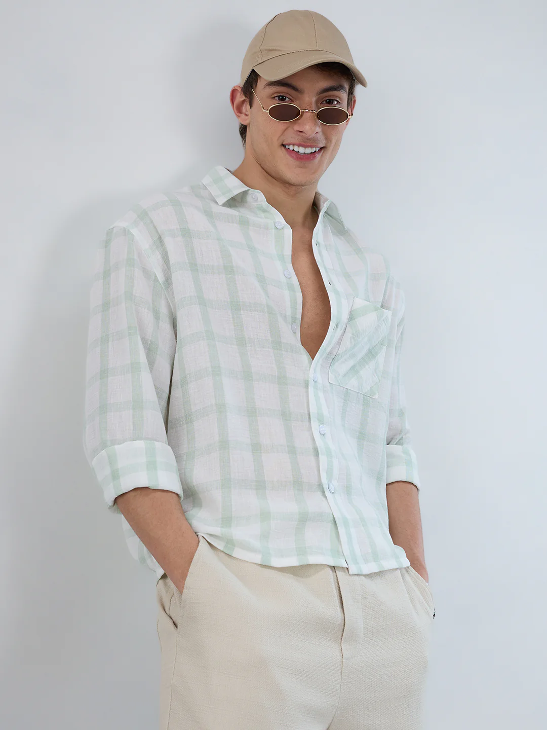 Minted Sage Green Box Checks Boxy Fit Crop Shirt