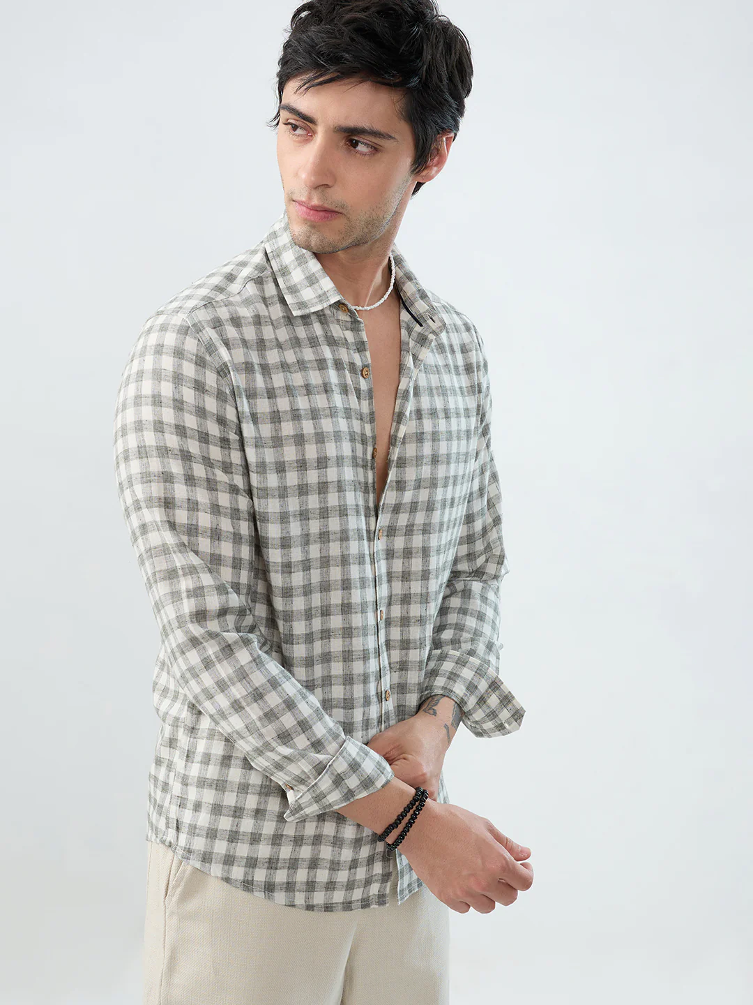 Mist Green Linen Blend Checks Shirt - Image 6