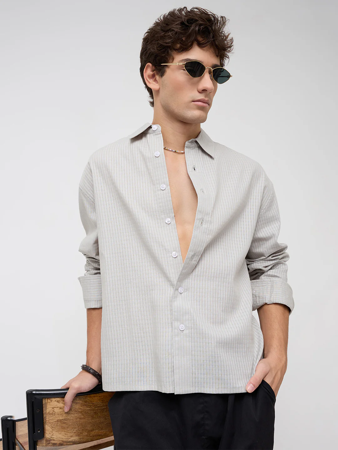 Misty Grey Fine Grid Weave Boxy Fit Crop Shirt - Image 4