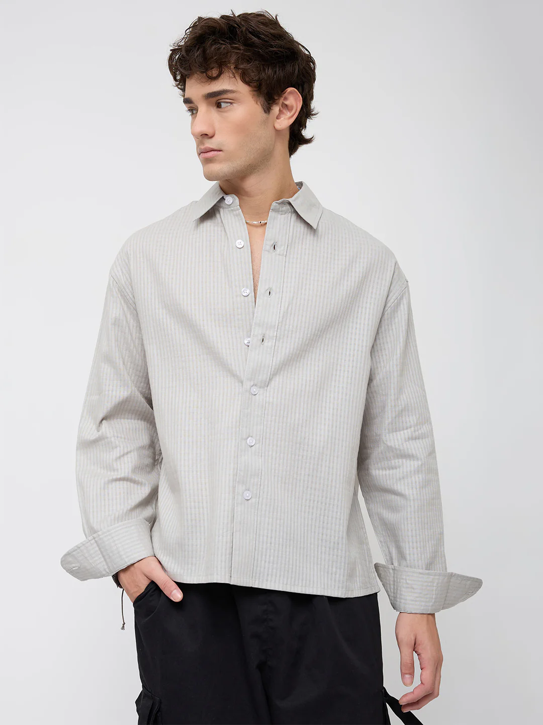 Misty Grey Fine Grid Weave Boxy Fit Crop Shirt - Image 5