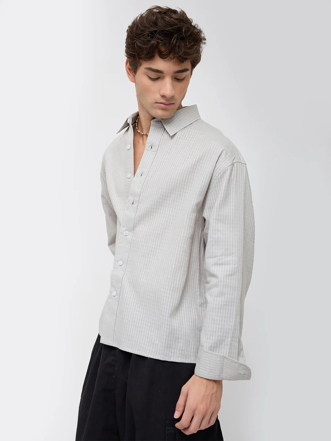 Misty Grey Fine Grid Weave Boxy Fit Crop Shirt - Image 7